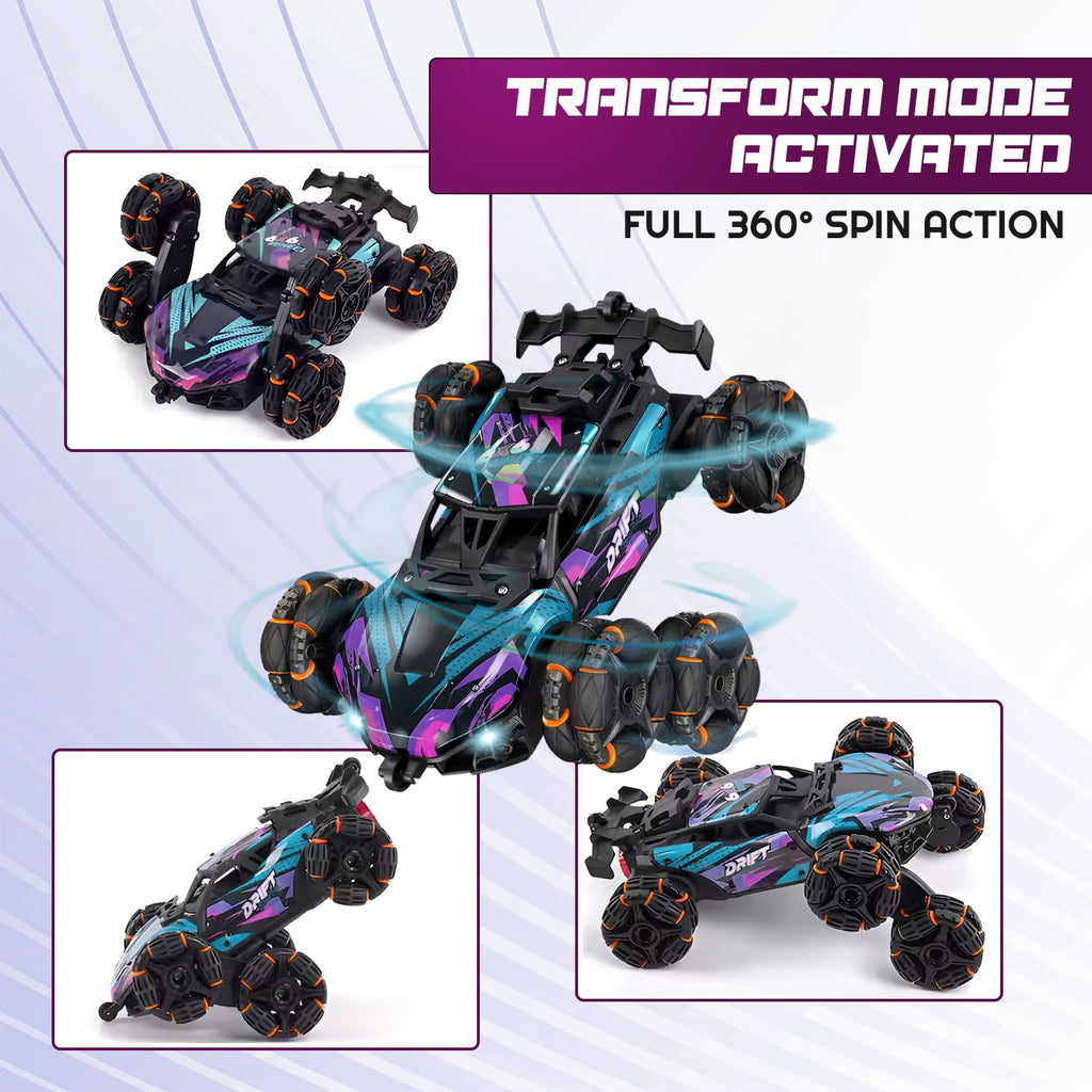 6 Wheel Stunt RC Car with 360° Flip & Drift, 2.4GHz Remote Control Toy with LED Lights & Spray Effect, High Speed Double Sided Off Road Car with Rechargeable Battery for Kids-Black/Orange