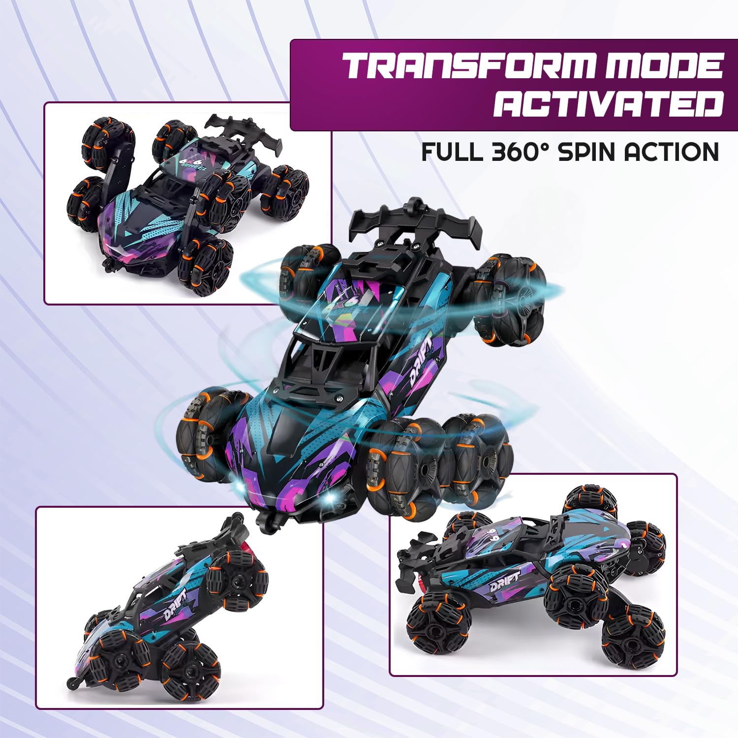 6 Wheel Stunt RC Car with 360° Flip & Drift, 2.4GHz Remote Control Toy with LED Lights & Spray Effect, High Speed Double Sided Off Road Car with Rechargeable Battery for Kids-Black/Orange