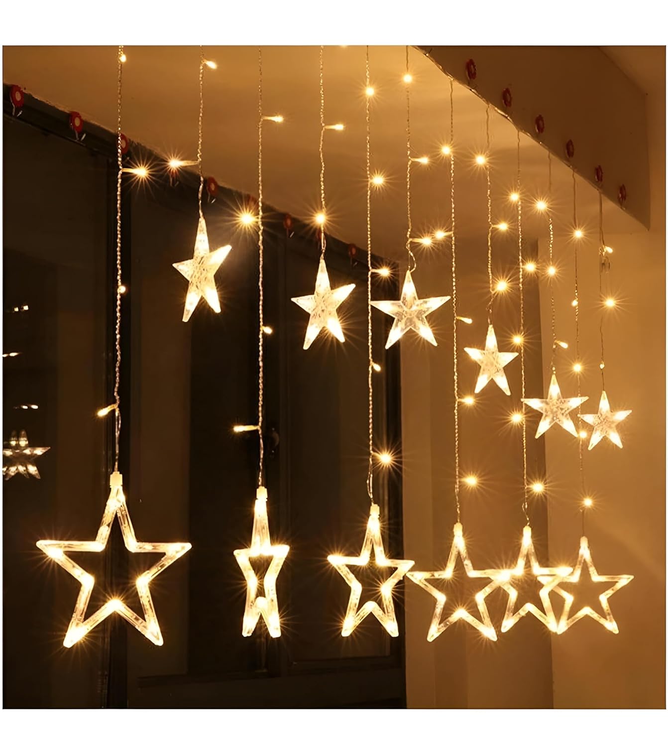 LIVIQUE 138 LED Curtain String Lights for with 12 Hanging Stars | Warm White Window Fairy Lights for Home, Balcony, Diwali, Christmas, Wedding, Party & Festival Decoration (Copper Wire, Pack of 1)