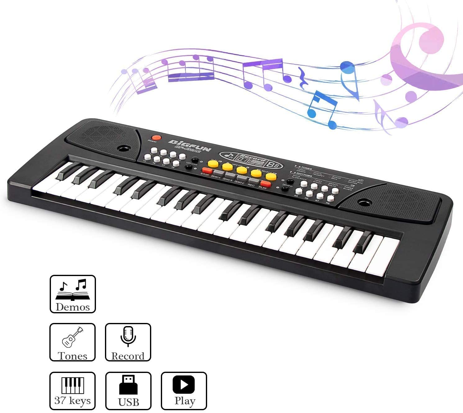 LIVIQUE ENTERPRISES Kids Piano Keyboard with Mic 37 Keys 8 Rhythms 8 Tones 6 Demos Portable Electronic Keyboard Toy Beginners Educational Songs Recording Musical Toys 2 3 4 5 Years Boys Girls