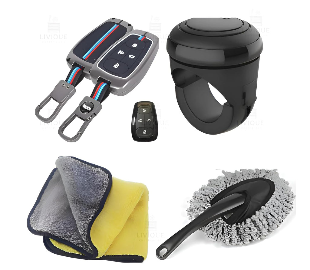 LIVIQUE ENTERPRISES Car Accessories Combo Steering Wheel Knob Gear + Premium Metal Key Cover for Tata Harrier | Safari | Nexon | Altroz 4 Button Flip Key, Microfiber Duster & 800 GSM Cleaning Cloth – 4-in-1 Car Care Kit