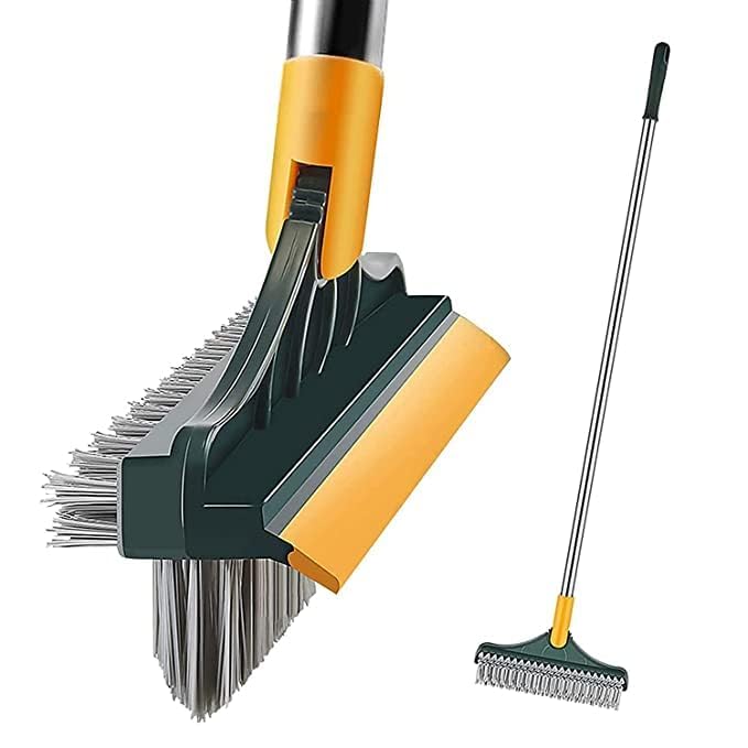 LIVIQUE 3-in-1 Bathroom Cleaning Brush with Wiper – Multi-Purpose Rotating Toilet Brush, Tile & Floor Scrubber, Long Adjustable Handle for Kitchen, & Wall Cleaning Yellow & Green