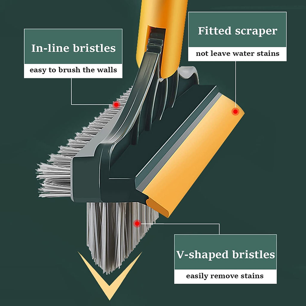 LIVIQUE 3-in-1 Bathroom Cleaning Brush with Wiper – Multi-Purpose Rotating Toilet Brush, Tile & Floor Scrubber, Long Adjustable Handle for Kitchen, & Wall Cleaning Yellow & Green