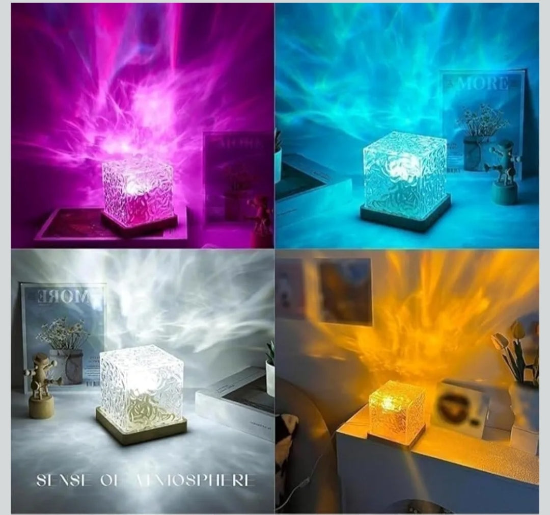 LIVIQUE LED Cube Night Light, Brown Wood Base with Glass Shade, 4.7x4.5x4.5 Inches, 16 Colors Water Wave Effect, Remote Control, Modern, USB Powered, for Living Room